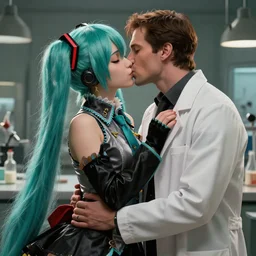 hatsune miku in victorian garb kissing gordon freeman in a lab coat, highly detailed, professional digital painting, unreal engine 5, photorealism, hd quality, 8 k resolution, cinema 4 d, 3 d, cinematic, art by artgerm and greg rutkowski and alphonse mucha and loish and wlop