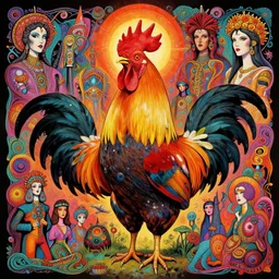 psychedelic majestic rooster by alex grey, beksinski, lisa frank, giger, karol bak, greg hildebrandt, mark brooks, takato yamamoto