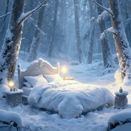 snowcapped bedroom, glacial aura, winter forest bedroom, fantasy, sylvain sarrailh, artstation, liam brazier, petros afshar, icy glowing radiant light