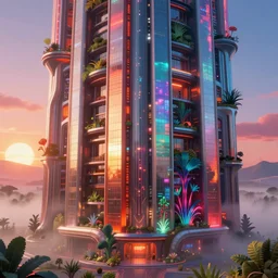 highly detailed futuristic vertical architecture by Tadao Ando and Salvador Dalí, reflective lighting, holographic, stylized vegetation, ground-level view, stunning sunny lighting, sunrise, foggy atmosphere, vivid colors, in the style of pixar animation, trending on Artstation, 8k, matte painting, ray tracing, hyper detailed, unreal engine 5, cinematic, epic lighting, cryengine, octane render, cyberpunk, red and orange glow, vibrant