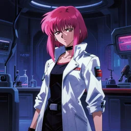 in the style of cyberpunk early 9 0's anime poster : : dystopian art : : serious punk science girl researcher dark pink hair : : somber far future lab background interior