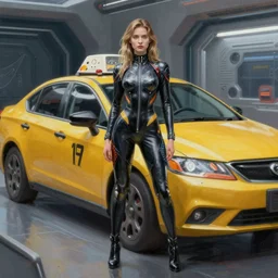 young milla jovovich in a bodysuit, futuristic taxi, full body, far future, sharp focus, highly detailed, trending on artstation, intricate, painting by rutkowski