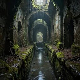 inside the ancient flooded sewers in the old part of the city. fantasy art, dripping water, standing water, channel, flooded, musty, moss, vines, ruins, abandoned spaces, pinpricks of light, dungeons and dragons.