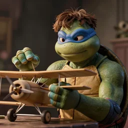 film still of michelangelo ( tmnt ) building a model air plane