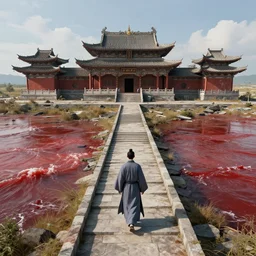 abandoned airport by barlowe wayne maxfield parrish and marco mazzoni. chinese temple. a lonely chinese taoist in grey blue long gown walks on the winding steps. ultra clear detailed. 3 d, octane render. turbulent blood lake.