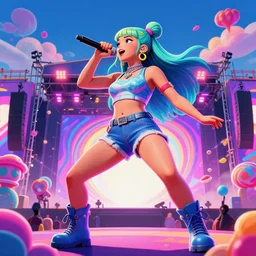 lady rapper performing at huge festival holding microphone, epic pose, digital art, vaporwave, psychedelic, surreal, hip hop, trending on Artstation, professional artist, detailed, 4k