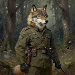 anthropomorphic furry wolf modern soldier in a forest, character design, painting by gaston bussiere, craig mullins, j. c. leyendecker, tom of finland
