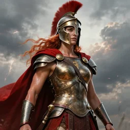cinematic shot epic portrait beautiful muscular spartan woman wearing bronze armor, red cape, and a helmet, lighting strike cloudy backround, sweaty wet skin, flowing red hair, broad light, ambient occlusion, volumetric light effect, made by ivan aivazovsky, peter mohrbacher, greg rutkowski, matte painting, trending on artstation, 4 k, perfectly defined features, digital painting, cinematic, epic, highly detailed,
