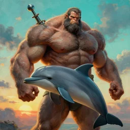 muscular oversized dolphin  with weapon and anthropomorphic human oversized mutant proportions and very hairy body , backlight  body , extreme very textured detailed intricate  painting by rembrandt, sunset, dramatic clouds cyan atmosphere