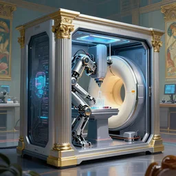 futuristic robotic neoclassical computer case cybernetic symbiosis thick bifurcated robotic cnc surgical hybrid mri 3 d printer machine making a bio chemical lab, sci - fi, highly detailed, vibrant digital painting,, artstation, concept art, sharp focus, octane render, art by greg rutkowski and artgerm and alphonse mucha, f 3 2,