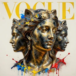 3 d marble head of goddess with liquid black and gold metal, vogue cover style, paint splatters, blue and yellow and red paint splashes, paint drops whirling in the air, 3 d poster art, high detail, 3 d intricate oil painting, multiple exposure, stanley kubrick mood, hyperrealism, 3 d, by tooth wu and wlop and beeple and greg rutkowski