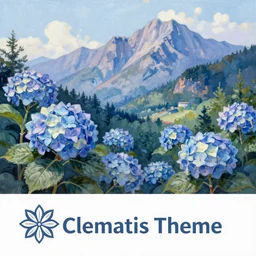 a beautiful painting of hydrangea and mountain landscape, clematis theme logo, clematis theme banner, clematis design, clematis in the deep sea, clematis like stars in the sky, hydrangea, trending on artstation, warm light, lovely and cute, fantasy art, 8 k resolution, highly detailed