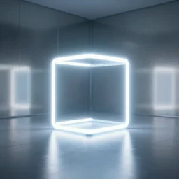 a square neon cube in the middle of a mirror room, natural lighting, cinematic lighting, 4 k, global illumination