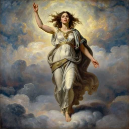 Full body oil painting of the beautiful woman Gal Gadot, she is wearing a peplos and a surreal ornate, her hair is natural disheveled, she is approaching heaven over the clouds, naturalism, dramatic lighting, high-detailed oil painting by Ilya Repin, Michelangelo da Caravaggio, William Blake, Alex Grey and Beksinski, trending on Artsation, hystorical painting, naturalism, masterpiece, 4k, 8k,