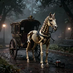 park at night, skeleton horse with carriage, gloomy and foggy atmosphere, octane render, rembrandt, cgsociety, artstation trending, horror scene, highly detailed