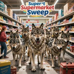 A screencap of the episode of Supermarket Sweep where the producers finally decided to release their pack of ravenous angry feral wolves into the store as a surprise challenge. The hunt is on!