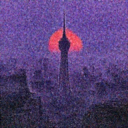 Stunning photorealistic background of a city in ruin in a strange purple dimension with a large red sun looming in the distance on a rainy and foggy day, A large tower stands in the center of the crumbling buildings, parallax background