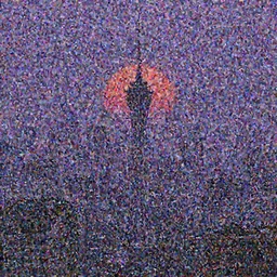 Stunning photorealistic background of a city in ruin in a strange purple dimension with a large red sun looming in the distance on a rainy and foggy day, A large tower stands in the center of the crumbling buildings, parallax background