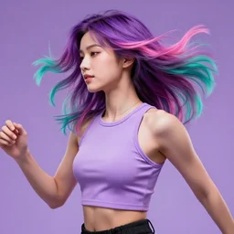 a award winning half body shot of a beautiful woman in a croptop with a ombre purple pink teal hairstyle with head in motion and hair flying, outrun, vaporware, vivid colors, highly detailed, fine detail, intricate