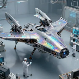 scientists creating an artificial alien highly detailed futuristic biomechanical thick quad wing combat spaceship constuction in a laboratory, 4 k : : architecture, product design, automotive design : :, iridesent subsurface scattering, photorealistic, art by stephen martiniere and beeple,