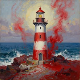 an oil painting of a lighthouse overlooking an ocean made of blood, epic
