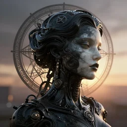 epic illustration, digital abstract sculpt of beautiful female face body and black swirling latex acrylic portrait, black latex sculpt, mechanical superstructure, sacred geometry, 8 k, cinematic, magic hour, beautiful light, sculpture of carving marble, dark colors, filigree ornaments, one point light, clockwork, epic matte painting, concept art, bokeh, digital painting
