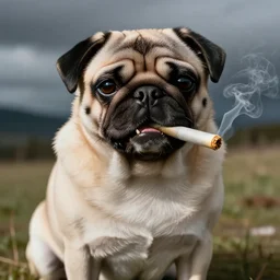 pug with a rolled up spliff in its mouth with smoke, photo realistic, dslr camera