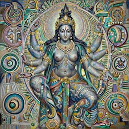 A cinematic portrait of the colossal Hindu demon goddess, by Wayne Barlowe, by Sandro Botticelli, by Paul Lehr, by Bruce Pennington, oil on canvas, masterpiece, trending on artstation, featured on pixiv, cinematic composition, dramatic pose, beautiful lighting, sharp, details, details, hyper-detailed, no frames, cyan and green, 8K