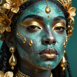 hyperrealistic neo - symbolist cinematic very beautiful! oshun goddess with gold eyes, yoruba paint, droplet armor, water lips, gold flowers, highly detailed digital art masterpiece, smooth etienne sandorfi eric zener dramatic pearlescent soft teal light, ground angle uhd 8 k, sharp focus