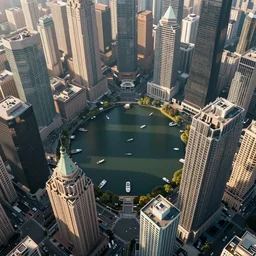 various skyscrapers, small lake in the middle with many boats and yachts, small distant birds, artstation, digital art, photorealistic, hyperdetailed, beautiful, epic scene, dramatic lighting, aerial view,