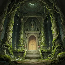 hyper-detailed concept art for an ancient underground shrine with lots of vines and moss growing by masashi kishimoto