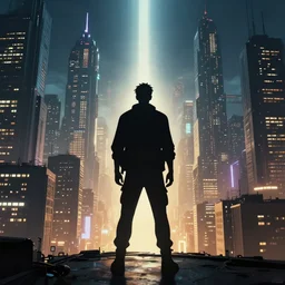 silhouette of a man in a massive cyberpunk city night, ultrafine highly detailed hyper illustration, sharp focus, unreal engine highly rendered, global illumination, radiant light