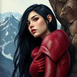 girl in burgundy patterned snakeskin, long black hair, mountains biome. highly detailed, digital painting, watercolor, soviet realism, engraving, artstation, concept art, smooth, sharp focus, vivid grunge, manga, illustration, unreal engine 5, 8 k, art by bilibin and kilian eng and kuvshinov and malevich and mucha