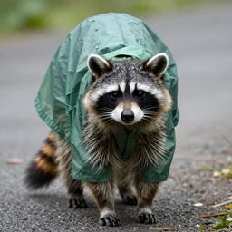 a racoon in a raincoat, mid day, Canon 43mm hard light
