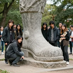 a cult gathered around a large stone statue of a!!! boot!!!