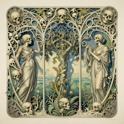 detailed realistic memento mori lithograph by cameron gray, ernst haeckel, and hector guimard, gothic ornament, skulls, bones, art nouveau, neogothic, ornate art nouveau botanicals, horizontal symmetry