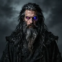 man in tattered black robes. his hair and beard are long, black, and streaked with gray, and his eyes crackle with eldritch power, gerald brom, dark, grim, fantasy