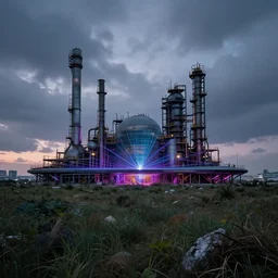 industrial architecture by alejandro aravena, at night reclaimed by nature magic realism tundra at dusk laser universe wilderness cloudy tokyo futuristic tron meadow retrowave, archdaily, wallpaper, highly detailed, trending on artstation.