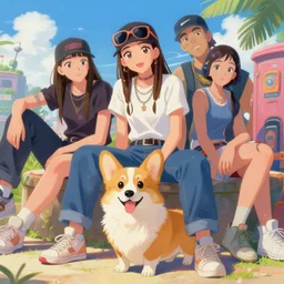 beautiful anime painting of a hiphop solarpunk summertime chill with corgi, by sherree valentine daines, peter mohrbacher, alice neel, donato giancola, mike winkelmann, laurie greasley. trending on artstation, 8 k, masterpiece, graffiti, fine detail, full of color, intricate detail, golden ratio illustration