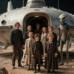 70mm still from a sci fi blockbuster movie made in 2022, set in 1860, 1860, of a family leaving a spaceship, that has just landed on an alien planet, wearing 1850s era clothes, a humanoid alien stands nearby, , the family are wearing 1850s era clothes, cinematic lighting, 8k, in focus faces, good quality lighting, good quality photography, oscar winner