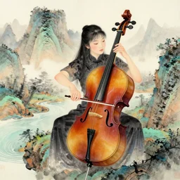 a beautiful chinese coloerd ink painting of a cello surrended by montain and river, by Victo Ngai, Trending on artstation, light effect,detailed , high-definition,