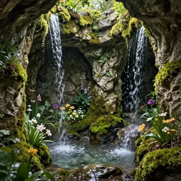 Very Beautiful Stone Grotto overgrown with moss and flowers. Water flows along the walls of the cave. Photorealism. High detail. artstation trends. Wow. 4k.