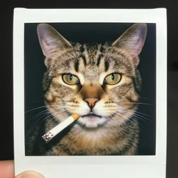 portrait of a cat holding a lit cigarette in its mouth, very detailed and sharp, 8 5 mm, polaroid, instagram, 8 k, high quality