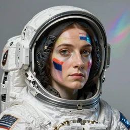 close - up portrait of a female astronaut. hyperdetailed botero modigliani canaletto renaissance painting pre - raphaelitism retro unreal engine iridescent matte background 8 k hd resolution