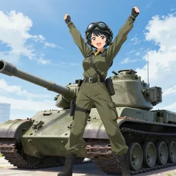 female tank crew posing triumphantly next to their tank, anime, trending on pixiv