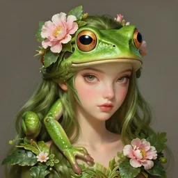 hyperdetailed fantasy portrait of princess and the frog with floral plants in hair. by greg rutkowski, highly detailed, digital painting, artstation, smooth, sharp focus illustration, artstation hq. intricate, elegant, 8 k, unreal engine. art by wlop and artgerm and ayami kojima. dan mumford, tomokazu matsuyama, takato yamamoto