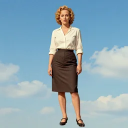 full body illustration of gillian anderson in the style of bill medcalf, blue sky with a few clouds, retro, 1 9 5 0, detailed, 1 / 3 headroom, cinematic rule of thirds