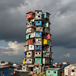 a tower made up of colourful makeshift squatter shacks, bleached colours, moody cloudy sky, dystopia, mamiya, very detailed, photographed by cristina de middel