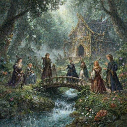 a gathering at a medieval witch sabba, ornate, beautiful, atmosphere, vibe, mist, rain, wet, puddles, waterfall, clear stream, bridge, forest, flowers, concept art illustration, color page, tone mapping, akihiko yoshida, james jean, andrei riabovitchev, marc simonetti, yoshitaka amano, digital illustration, greg rutowski, volumetric lighting, sunbeams, particles