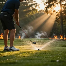close-up of an athletic golf player in a lush golf course with automatic watering, low angle, magical lights, golden hour, surrounded by burning forests, smoke from the fire, digital painting, cinematic, 4k, forest ray light, particles light, ilya kuvshinov, Greg Rutkowski, Beeple